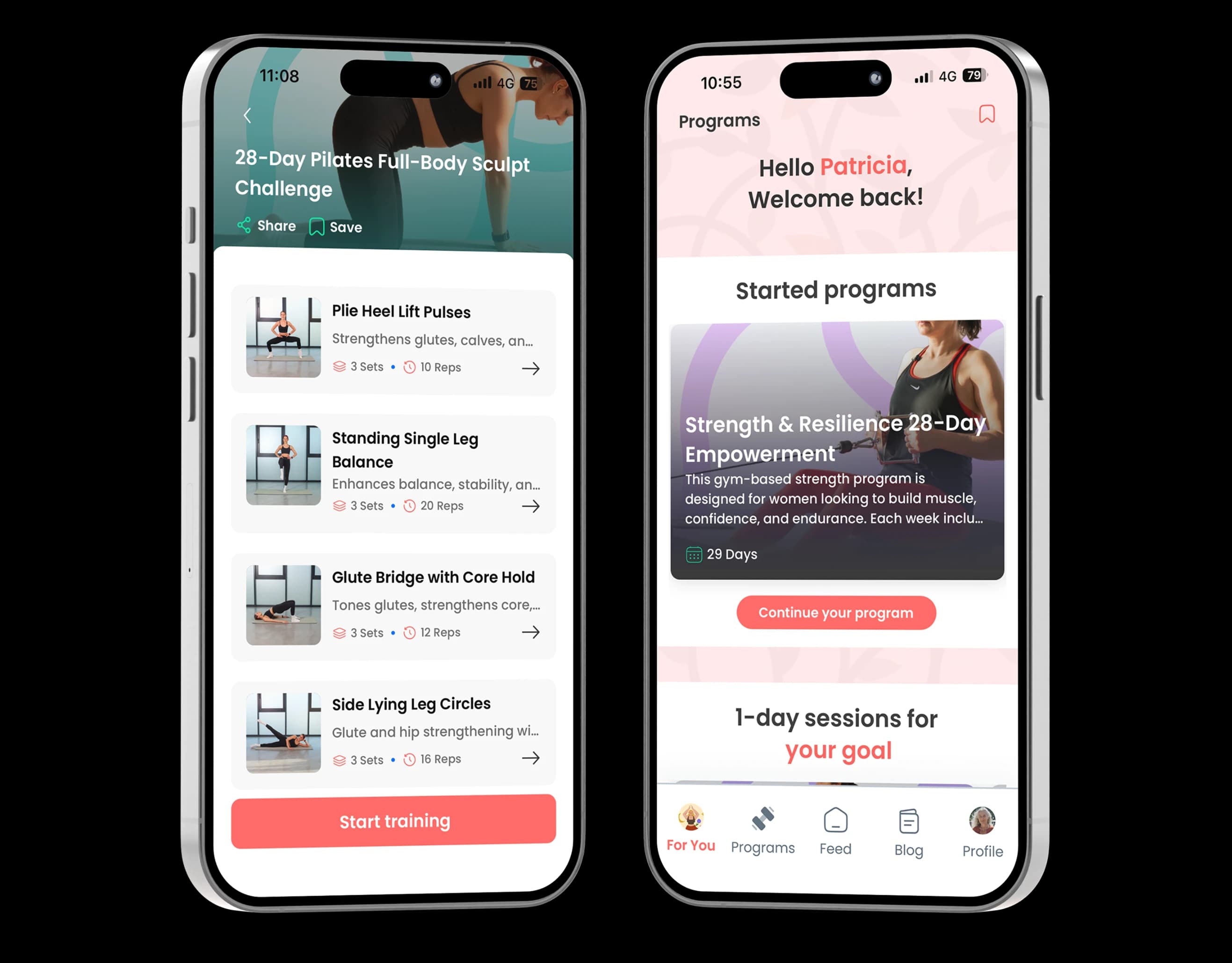 Younger app workout and programs screens on two phones